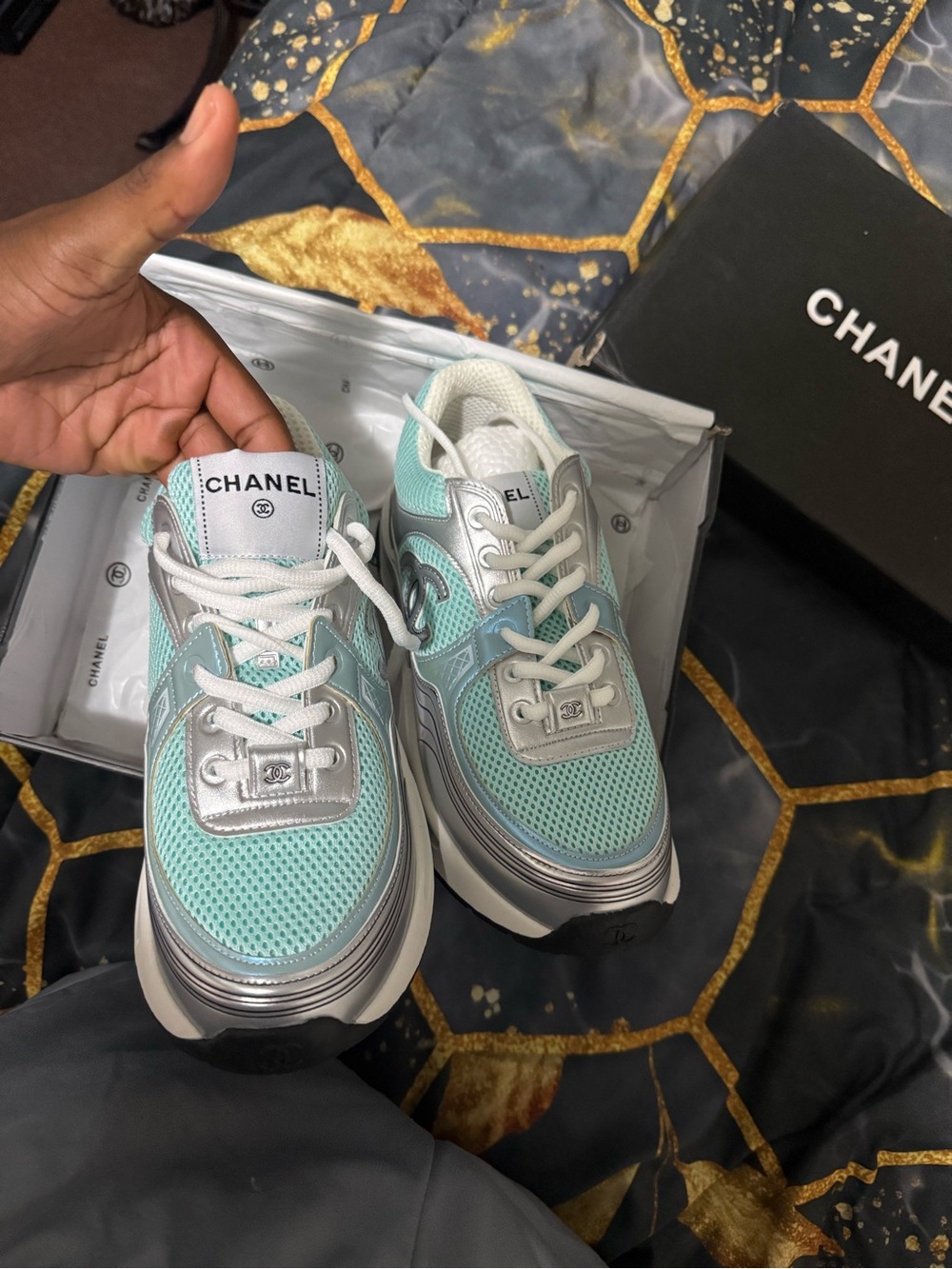 CHANEL Mint Green and Silver Mesh Platform Sneakers